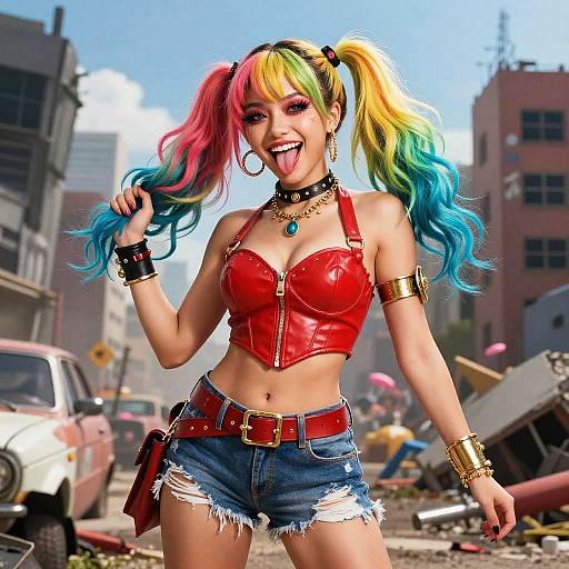 Digital art of a colorful-haired, punk-rock woman in red leather top and ripped denim shorts, smiling with tongue out, in a post-apocalyptic urban