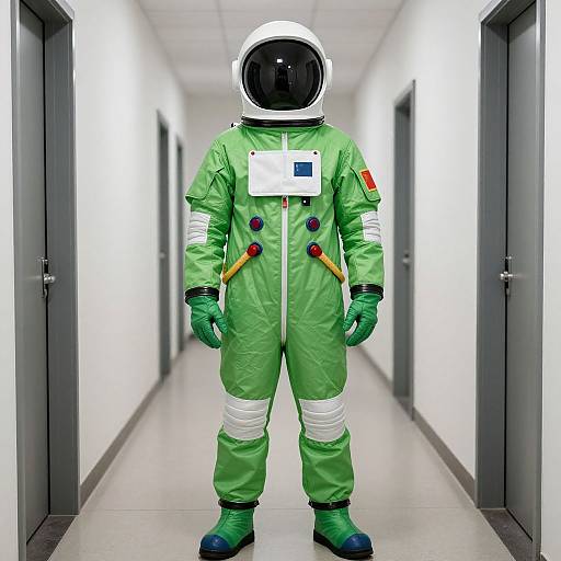 Photograph of a person in a green astronaut suit with white helmet and reflective visor, standing in a white, narrow hallway with gray doors.