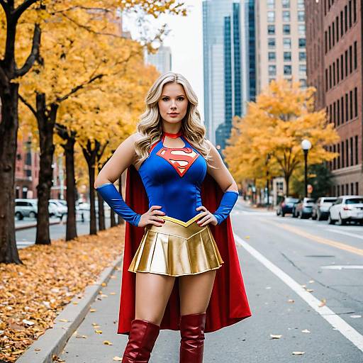 Confident Superhero Woman in Cityscape