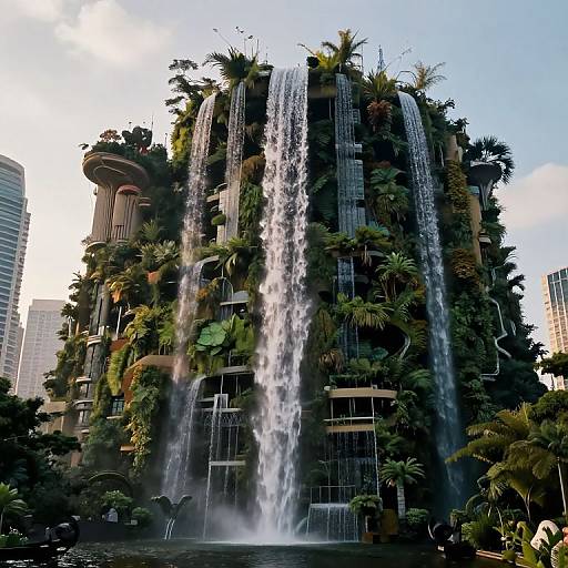 Photograph of a modern, multi-story building with lush greenery, cascading waterfalls, and palm trees, set against a blue sky with urban