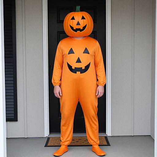 Photograph of a person in a bright orange, full-body Jack-o'-lantern costume with a carved smile, standing in front of a white house
