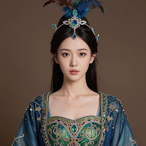 Photograph of an East Asian woman with pale skin, black hair, and blue eyes, wearing an ornate blue and green dress adorned with gold and