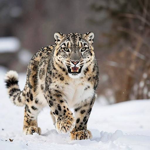 Photograph of a roaring snow leopard with striking black-spotted fur, white chest, and piercing green eyes, walking through a snowy forest.