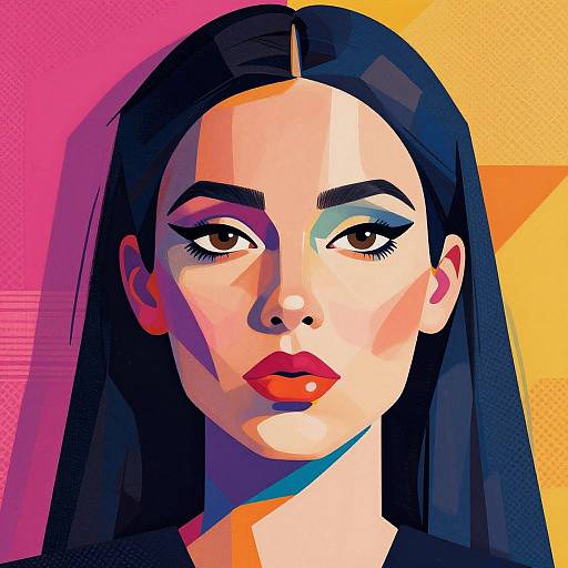 Digital pop art portrait of a woman with long black hair, bold red lips, and striking blue-green eye shadow, set against vibrant pink and yellow background