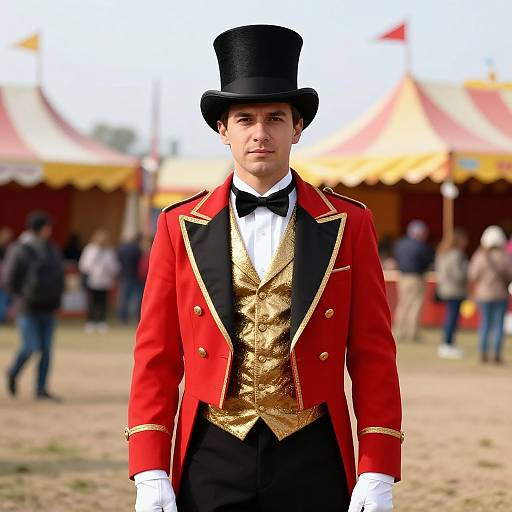 Photograph of a young man in a red and black tuxedo with gold vest, black bowtie, and top hat, standing in a circus