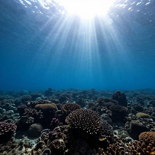 Photograph of underwater coral reef, sunlight rays penetrating blue ocean water, illuminating dark, textured corals in the foreground.