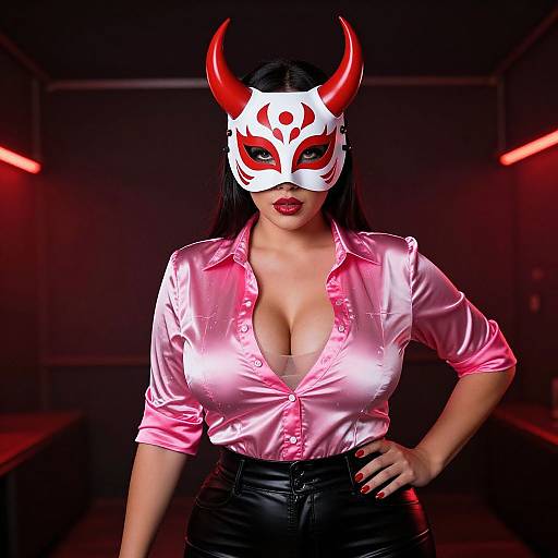 Photograph of a woman with long black hair, wearing a red and white devil mask, pink satin blouse, and black leather pants, standing in a