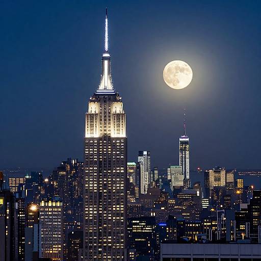 Photograph of a city skyline at night with the Empire State Building illuminated, a full moon glowing brightly in the dark sky.
