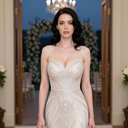 Photograph of a fair-skinned woman with black curly hair, wearing a sparkling white, strapless, form-fitting gown, standing in an elegant