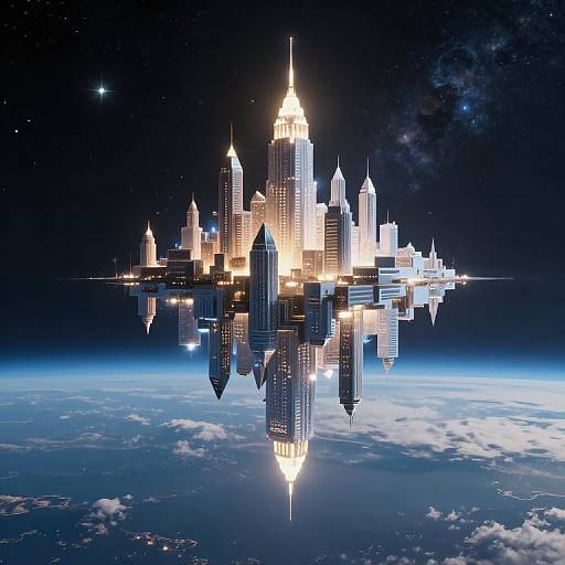 Digital illustration of a futuristic cityscape with glowing skyscrapers floating above Earth's horizon, reflecting in the sky, set against a starry cosmos background