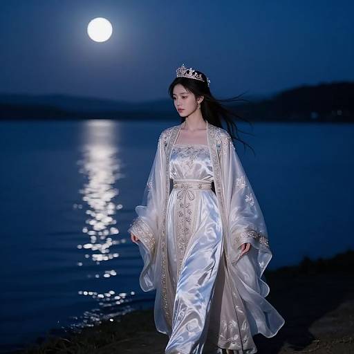 Photograph of a fair-skinned woman with long black hair wearing a silver satin gown with gold embroidery, a silver tiara, and flowing sleeves,