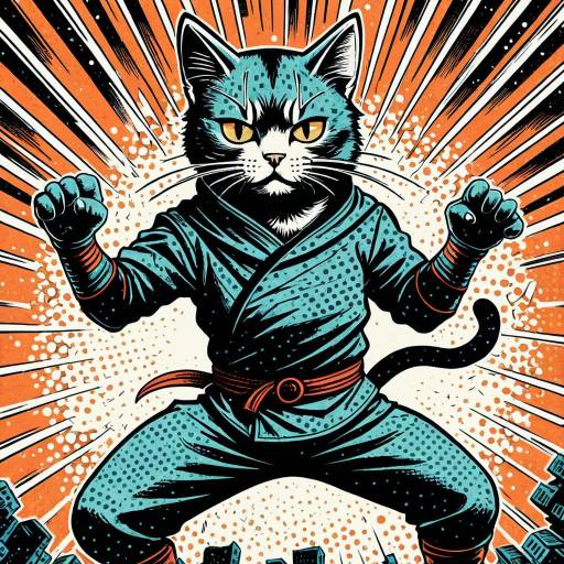 Dynamic Ninja Cat in Vintage Comic Style