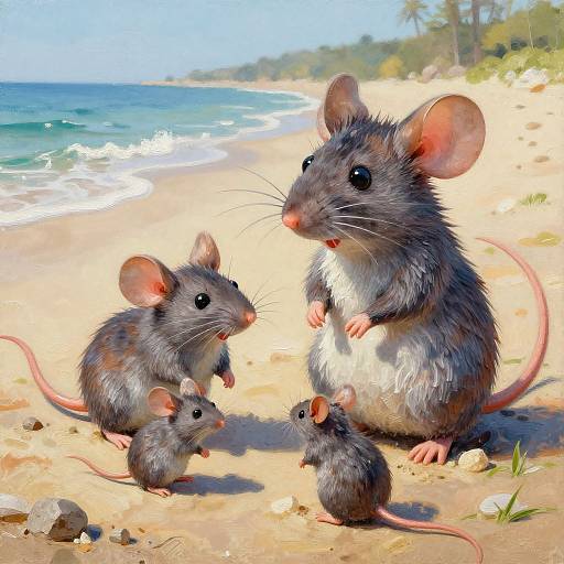 Photograph of four fluffy gray mice with pink ears and tails on a sunny, sandy beach with blue ocean waves and green trees in the background.