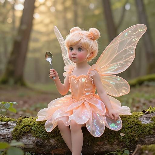 Photograph of a blonde fairy child with translucent wings, pink dress, and bun hairstyle, holding a spoon, sitting on a mossy log in a