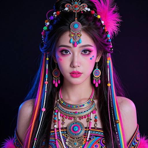 Photograph of an Asian woman with vibrant, neon-colored face paint, intricate jewelry, and elaborate headpiece against a black background.