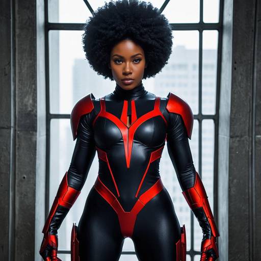 Afro Woman in Black and Red Futuristic Bodysuit