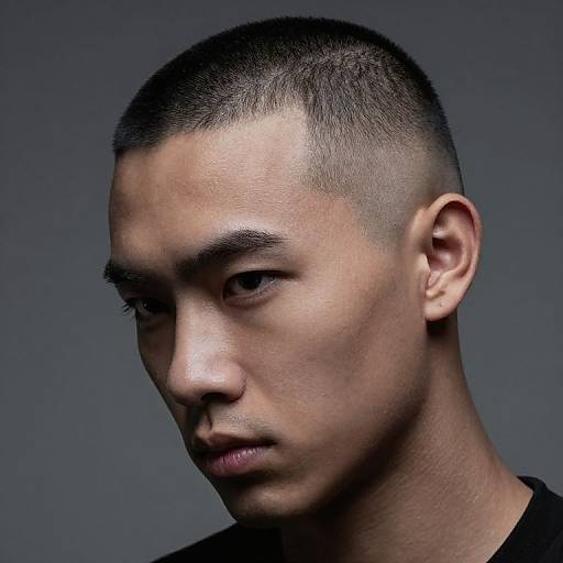 Photograph of a young Asian man with short, buzz-cut hair and a serious expression, dark eyes, and light skin, against a gray background.