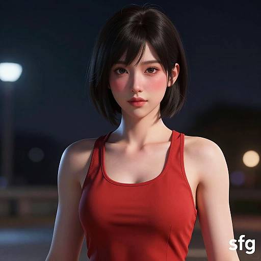 Digital CGI image of an attractive Asian woman with short black hair, red tank top, and fair skin, standing at night with blurred streetlights in the