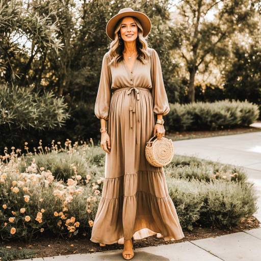 Stylish Woman in Earthy Tone Flowing Maternity Dress