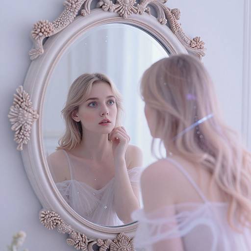 Photograph of a blonde woman with fair skin, wearing a white, sheer, off-shoulder dress, gazing at herself in an ornate