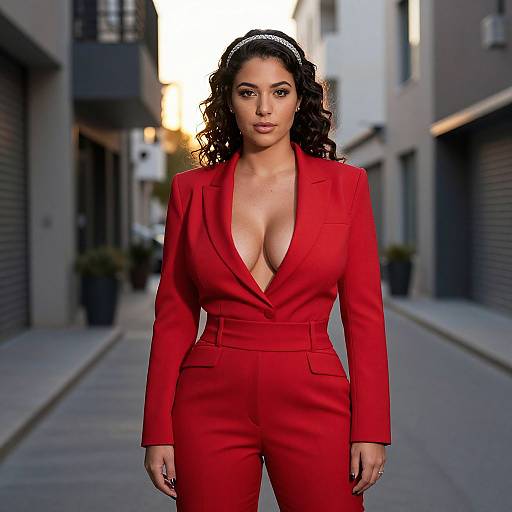 Confident Woman in Red Suit Urban Alley