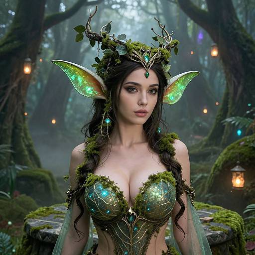 Digital fantasy artwork of a fair-skinned, dark-haired elf woman with glowing green wings, moss-covered antlers, and intricate green and blue attire,