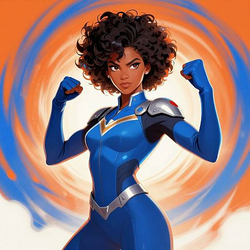 Digital art of a confident Black woman with curly hair, in a blue superhero suit, fists raised, against a swirling orange and blue background.