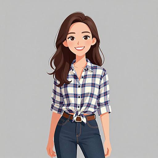 Digital drawing of a smiling woman with long brown hair, wearing a tied white and blue plaid shirt, and dark blue jeans.