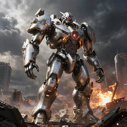 Photorealistic digital artwork of a towering, silver, futuristic mecha with glowing pink eye, standing amidst a war-torn cityscape with skyscrap