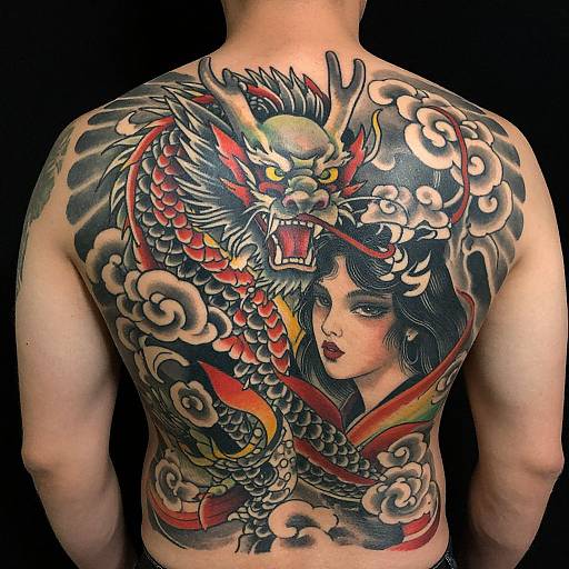 Tattooed male back featuring a vibrant, detailed dragon with fiery eyes, red scales, and a serene woman's face amidst clouds. Photoreal