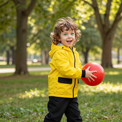 Photograph of a curly-haired, smiling toddler in a yellow rain jacket and black pants, holding a red ball, standing in a sunlit, tree