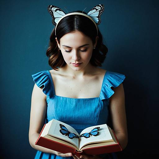 Woman in Blue Dress with Butterfly Ears
