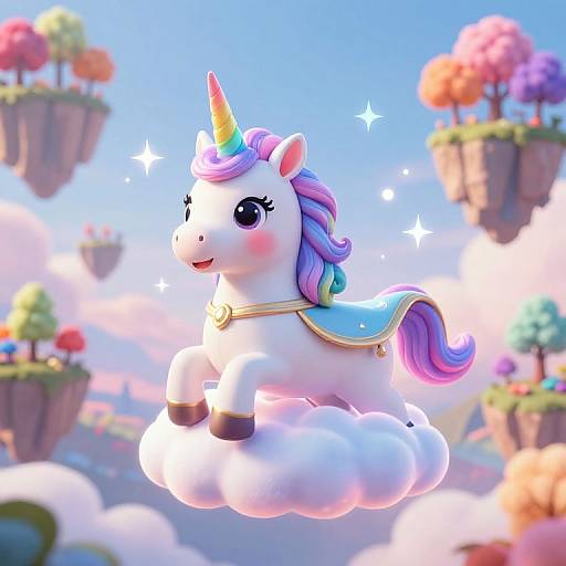 Digital illustration of a cute, white unicorn with a rainbow mane, blue cape, and sparkling eyes, floating on a cloud above colorful floating islands.
