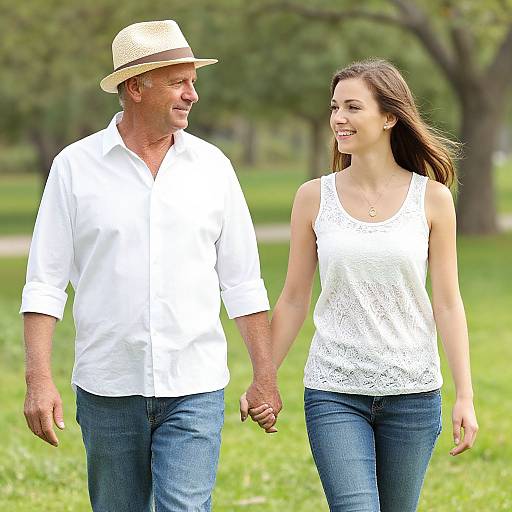 Photograph of a smiling elderly man and young woman holding hands, wearing white shirts and blue jeans, walking in a green park.