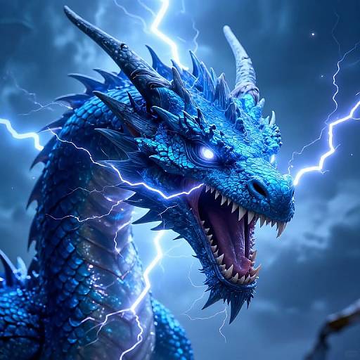 Digital artwork of a fierce, blue-scaled dragon with glowing white eyes and sharp teeth, surrounded by bright blue lightning in a stormy sky.