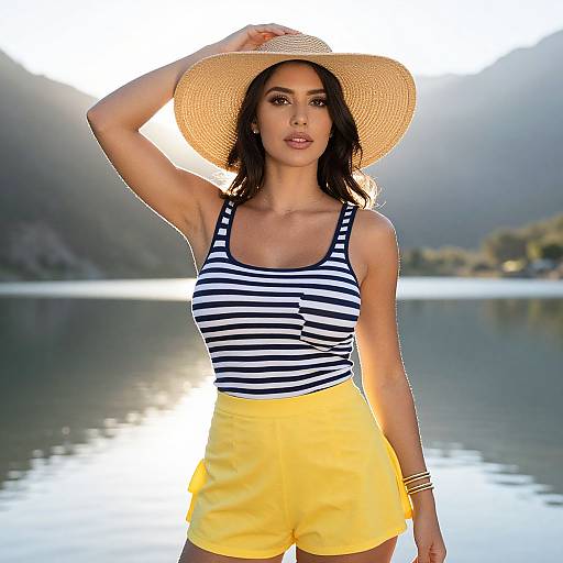 Photograph of a woman with tanned skin, dark wavy hair, wearing a striped tank top, yellow shorts, and a wide-brimmed