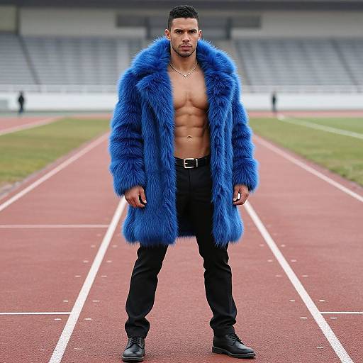 Photograph of a muscular, dark-skinned man with short black hair, wearing a vibrant blue fur coat, black pants, and boots, standing on