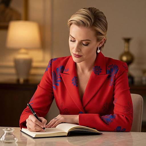 Photograph of a blonde woman with elegant updo, wearing a red floral blazer, writing in an open book at a table. Warmly lit