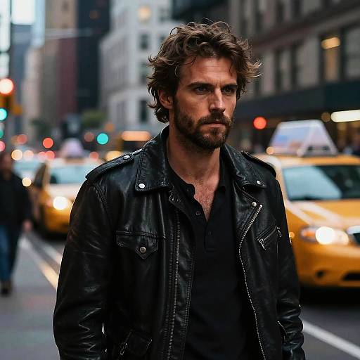 Photograph of rugged, bearded man with messy brown hair, wearing black leather jacket over black shirt, standing on busy city street with yellow taxis in