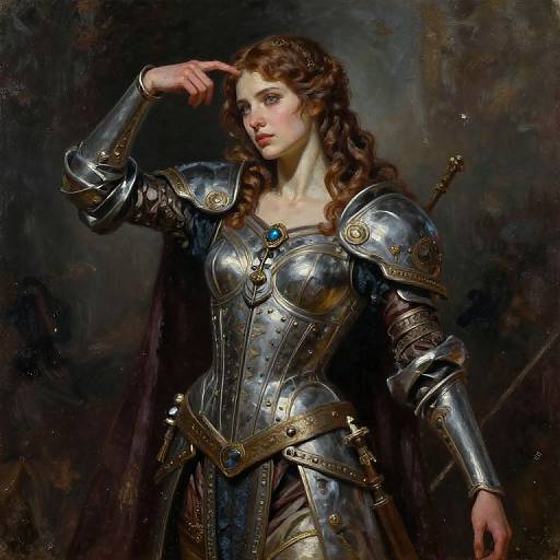 Digital painting of a fair-skinned, curly-haired woman in silver medieval armor with blue gemstones, posing thoughtfully against a dark, textured background.