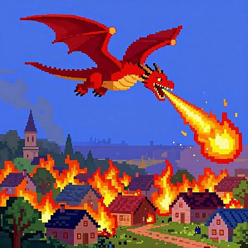 Pixel art of a red dragon breathing fire onto a village with burning houses and a church, against a blue sky.