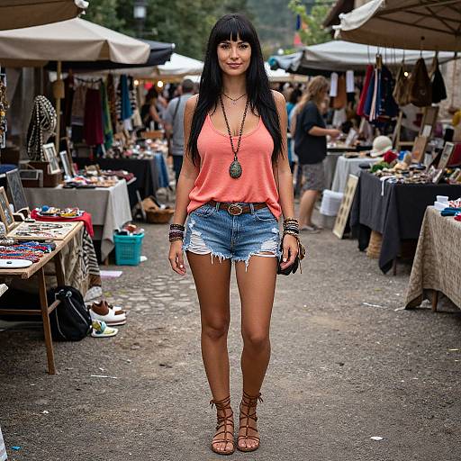 Photograph of a young woman with long black hair, wearing a pink tank top, denim shorts, brown sandals, and multiple bracelets, standing in a
