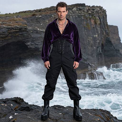 Photograph of a muscular man with short dark hair, wearing a purple velvet shirt, black pants, and boots, standing on rocky coastline with crashing waves