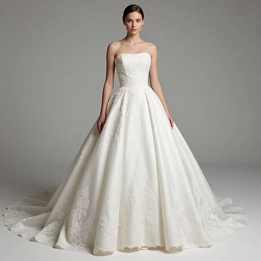 Photograph of a slender woman with dark hair in an elegant, strapless white wedding gown with a full, lace-embellished skirt.