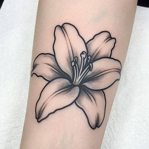 Black ink tattoo of a detailed, shaded lily flower on pale skin, with sharp lines and textured petals, on a white towel background.