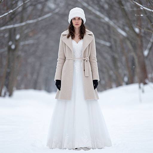 Photograph of a pale-skinned woman with dark hair, wearing a white hat, beige coat, black gloves, and white dress, standing in a