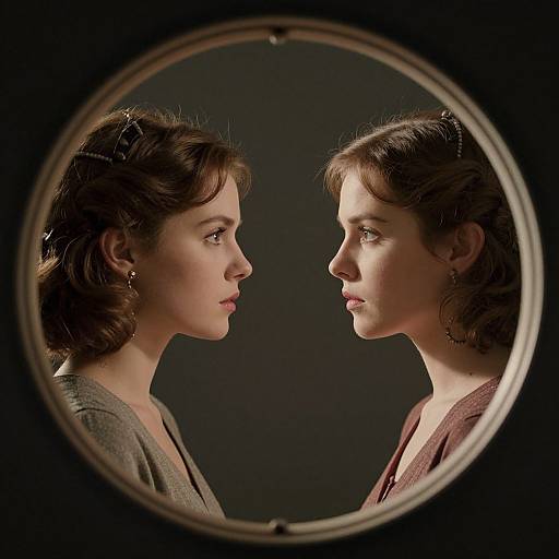 Photograph of two women in profile, facing each other, seen through a circular frame, with dark background, soft lighting, and serious expressions.