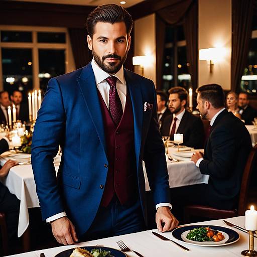 Handsome Man in Blue Suit at Elegant Dinner