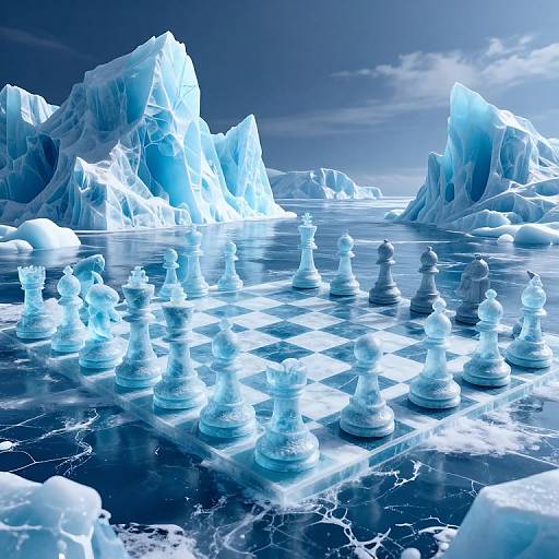Photorealistic digital image of an ice chess game on a frozen, reflective surface, surrounded by towering, glowing blue icebergs under a clear sky