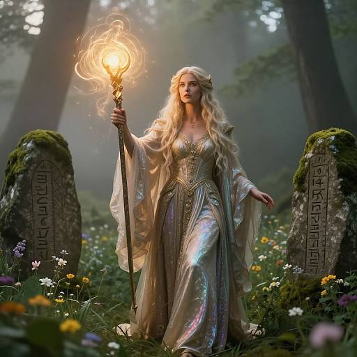 Digital fantasy artwork of a blonde, ethereal woman in a shimmering dress holding a glowing, magical staff amidst a forest, surrounded by ancient stone sl